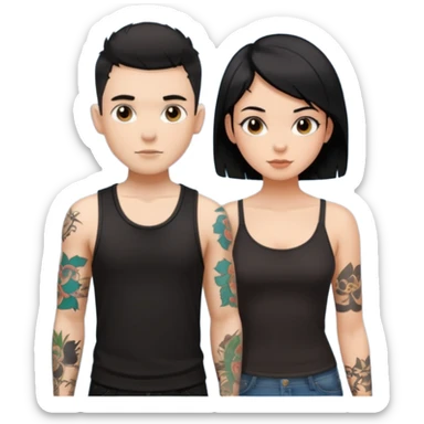 generate a fair boy with messy black hair, tattoos. standing beside a fair black haired girl wearing a black cami top and a boy with a buzz cut  sticker