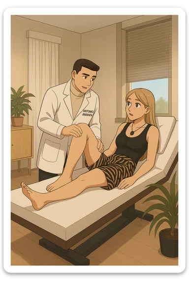 fai un webtoon/manga a colori con questo kinesiologo in camice bianco (fagli la scritta "ANTONIO ANANIA" SUL CAMICE) CHE SVOLGE UN TEST NEUROMUSCOLARE SOLLEVANDO UNA GAMBA ALLA RAGAZZA CHE è STESA SU UN LETTINO BIANCO. STANZA SEMPLICE E MODERNA, DURANTE IL TEST I DUE DIALOGANO TRA LORO. NON FARE I FUMETTI, FAI SOLO LORO COME SE DIALOGASSERO sticker