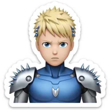 Genos from One Punch Man, android cyborg with spiky blond hair, metallic arms, intense eyes, compact and expressive, no text sticker