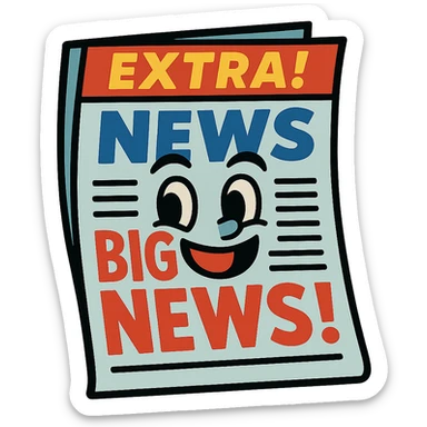 cartoon newspaper with exaggerated headlines and a smiling face sticker