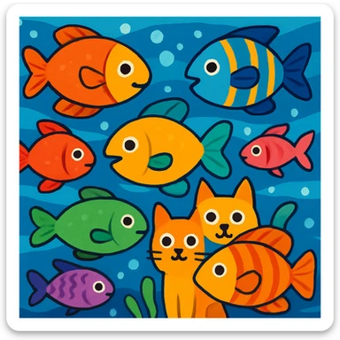 playful and vibrant underwater scene with multiple colorful fishes swimming in various directions, hidden behind the fishes is a single animal (cat, dog, or rabbit) partially obscured and blending in, creating a fun 'find the hidden animal' puzzle, eye-catching and suitable for a YouTube short, 16:9 aspect ratio sticker