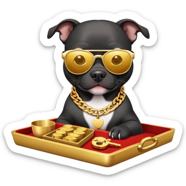 Black pitbull with sunglasses holding a golden tray to put keys on, kind of like one of those Chinese lucky cats but instead a pitbull sticker