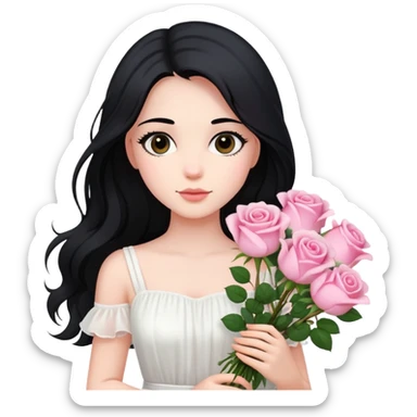 A beautiful girl with long black hair and a white dress is holding a bouquet of pink roses sticker