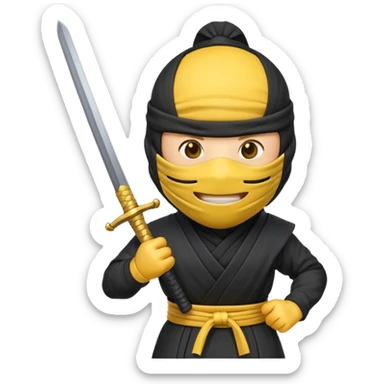 Make a customized yellow head emoji with hands and holding a sword in a ninja face mask sticker