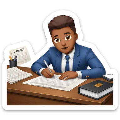 Hip hop music record company executive in office sitting at desk with contract on top of desk sticker