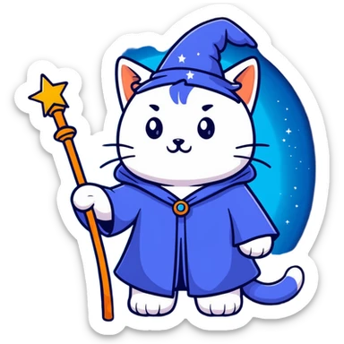 Mystical cat wizard with starry blue robes and glowing magic staff sticker