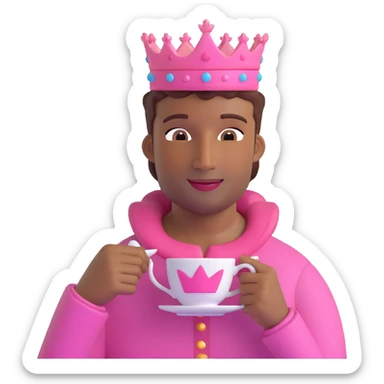 emoji of a brown-skinned man with a pink crown, sipping tea, gentle smile sticker
