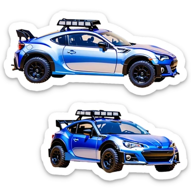 Rally race car Widened roof Long wheelbase widened pearly midnight satin dark blue  2025 Subaru brz off-road racer chrome nerf bars,side steps mounted under-door-sill climbing rock sliders, and silver satin wheels  sticker