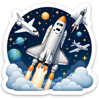 An icon featuring a space shuttle and an airplane against a starry sky, symbolizing aerospace technology. The design includes rocket boosters and satellite orbits, representing the exploration of space and advanced aviation. Transparent background sticker