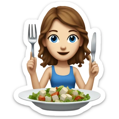 White girl with freackles Brown hair blue eyes eating Tofu salad with fork sticker