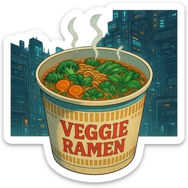 cyberpunk futuristic, scifi, a bowl of delicious veggie , ramen, 1990s, paper cup, classic style branding sticker
