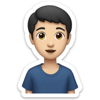 13 year old white kid with very short black hair, brown eyes, regular nose, little eyebrows with a dark blue t-shirt saying st. Francis and with pink lips sticker