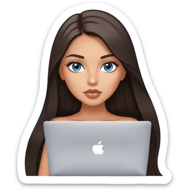 Glamours tanned very beautiful girl with pump peach nude lips and dark chocolate straight smooth long hair, blue-grey eyes with MacBook sticker