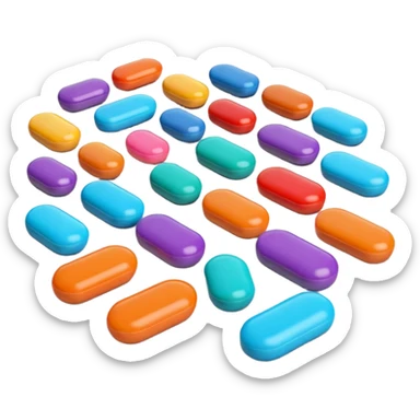 A group of colorful 3D cartoon pills scattered on a flat surface, round and oval shapes, soft lighting, smooth glossy finish, Memoji-style realism. sticker