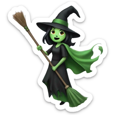 Green witch with black hair on broom stick  sticker