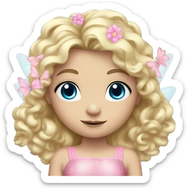 Fairy, a blonde hair with blue eyes and a pink dress with sparkly wings. Flowers. White wings. The fairy has long, curly hair with a lot of volume sticker