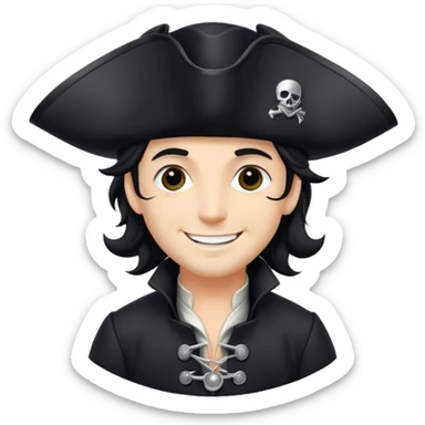 A charismatic pirate with wavy black hair, wearing a black tricorn hat and a sleek black coat with silver buttons, smiling confidently. sticker