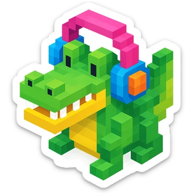 voxel style crocodile with colorful headphones, isometric view sticker