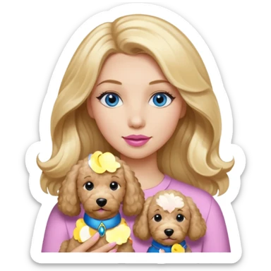 Long, straight, blonde hair, blue eyed woman, wearing soft pink lipstick, holding a wavy blonde, goldendoodle. sticker