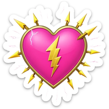 neon heart with a gold bow with heart pattern on the bow, with lightning sticker