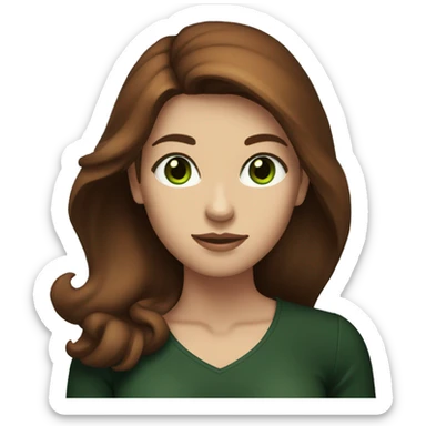 Attractive woman with waist long chestnut-brown hair, dark green eyes, and a black top sticker