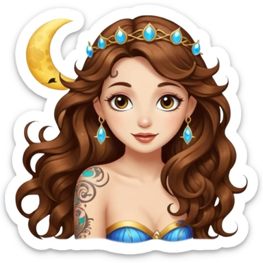 flirty moon fairy woman long wavy brown hair tattoos wink sparkle sticker