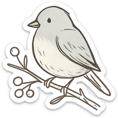 pastel bird perched on a branch with berries, soft blue and cream tones, hand-drawn style sticker