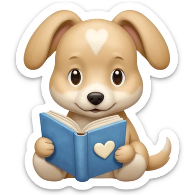 beige dog reading a sky-colored book with a large white heart on its back sticker