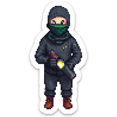 thief with black balaclava and flashlight, pixel art style sticker
