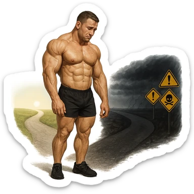 realistic muscular bodybuilder with a sad expression standing at a crossroads with one bright road and one dark road with danger signs, looking towards the wrong road, isolated on white background sticker