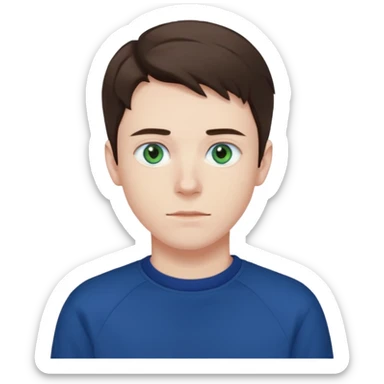 male , blue/green eyes , pale skin , brunette hair , dark blue sweatshirt sticker