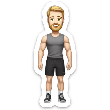 Full height Pale skinned fit man With biceps, Realistic eyes and mouth, light brown hair and stubble In dark gray sleeveless mike, black oversize sports shorts, watch and white sneakers. sticker