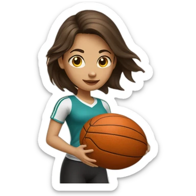 White skin brunette female playing football with very small basket ball sticker