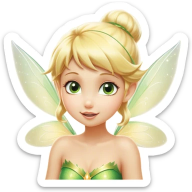 Cinematic Realistic Blonde Tinker Bell Fairy Portrait, head tilted playfully and inquisitively, showcasing a delicate pixie form with finely detailed, golden blonde hair and softly glowing, translucent wings that catch the light with a cascade of fairy dust. Her bright, curious eyes sparkle with mischief and wonder, rendered with lifelike clarity and warm, gentle lighting that captures the essence of a spirited, charming fairy ready to flutter playfully into your heart. sticker