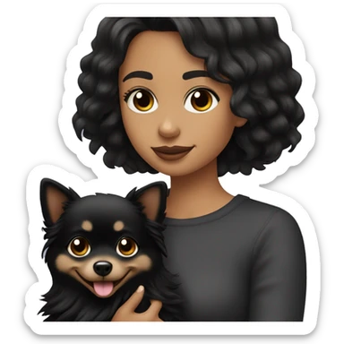 a straight haired girl with tan skin and black hair holding a black puppy pomeranian ￼ sticker