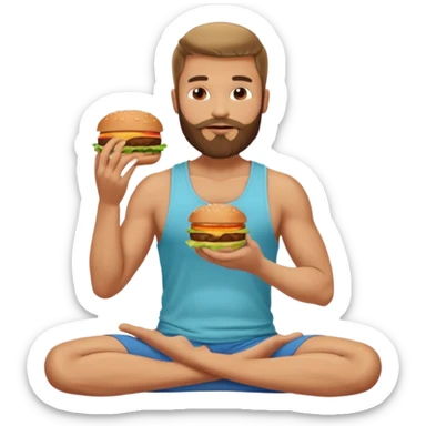 caucasian man with beard, eating burger in yoga pose sticker