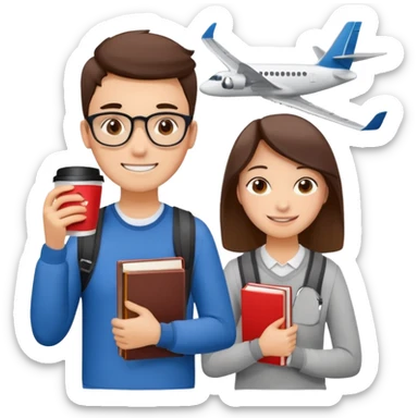 Create two emoji characters.

Left: a stressed student preparing for IELTS, holding books and coffee, tired face, exam stress.

Right: a happy confident student after IELTS, traveling abroad, airplane, university, freedom, smiling.

Style: Apple emoji, clean, simple, white background. sticker