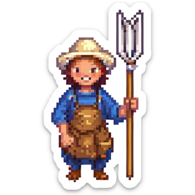 pixel art Twitch emoji of a cheerful peasant with a pitchfork sticker
