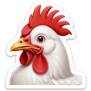 Cinematic Comical White Chicken Portrait Emoji, Head tilted dramatically with an exaggeratedly shocked or amused expression, featuring a sleek, immaculate white plumage with a prominent red comb, wide, expressive beady eyes filled with playful disbelief, Simplified yet hilariously expressive features, highly detailed, glowing with a slightly sassy glow, high shine, dramatic yet playful, stylized with an air of cheeky mischief, bright and endearing, soft glowing outline, capturing the essence of a spirited and over-the-top chicken, so meme-worthy it feels like it could cluck its way into internet fame instantly! sticker