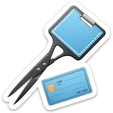 Floating black Scissors cutting a light blue military ID card in 2 parts .hyper realistic sticker