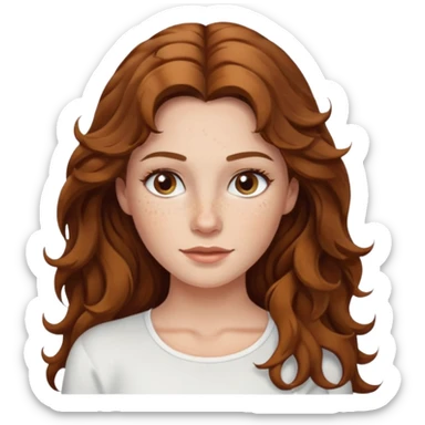 Caucasian woman with long brown wavy hair with freckles, hazel eyes wearing a white top sticker