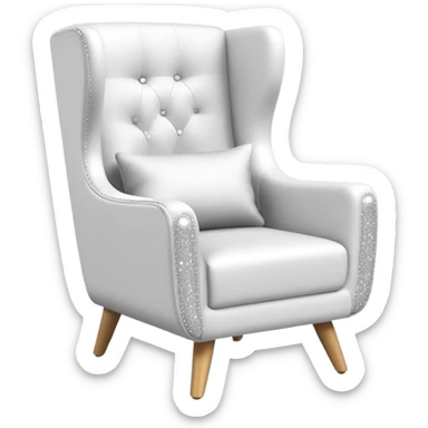 smartphone at an angle in foreground showing armchair product page on screen, with sparkle emoji sticking out on the left side sticker