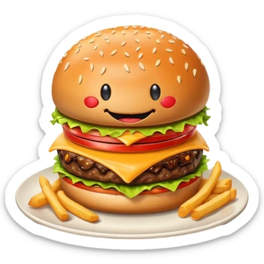 Burger on a plate with fries. The burger is smiling and drooling- looks euphoric and delicious.  sticker