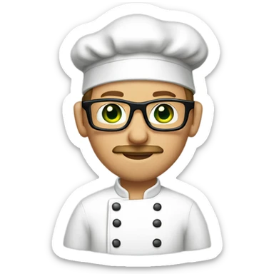 Man with light brown hair, green eyes, mustache, long face, light skin, and glasses wearing a chef hat sticker