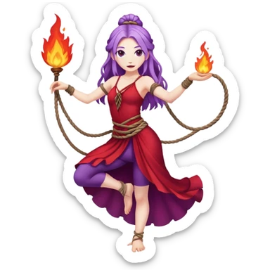 Full body rope Poi fire dance performer pale skin with long purple hair red dress sticker