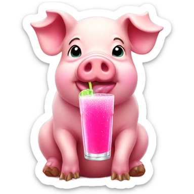 pig with a pink drink and sparkles around preppy background sticker