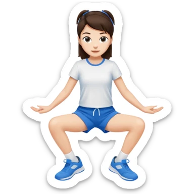 A brunette in blue shorts and a white T-shirt is sitting in a front split. sticker