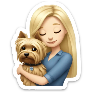 White girl blonde hair closed eyes hugging Yorkshire terrier  sticker