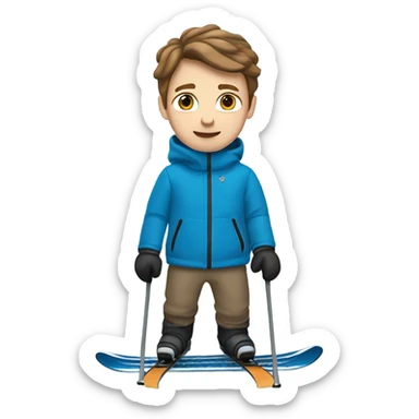 White boy with brown hair skiing on blue skis. Wearing a light gray coat. And a pair of black snow pants.  sticker