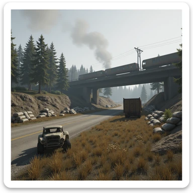  a screenshot of a location in a videogame  the image of the scene consists of:  [above-ground train freeway partially collapsed], a wooded area, a small field of wheat, sandbag barricades. distant smoke. uneven terrain, derelict vintage work trucks, more distant smoke. polluted and war-torn sticker